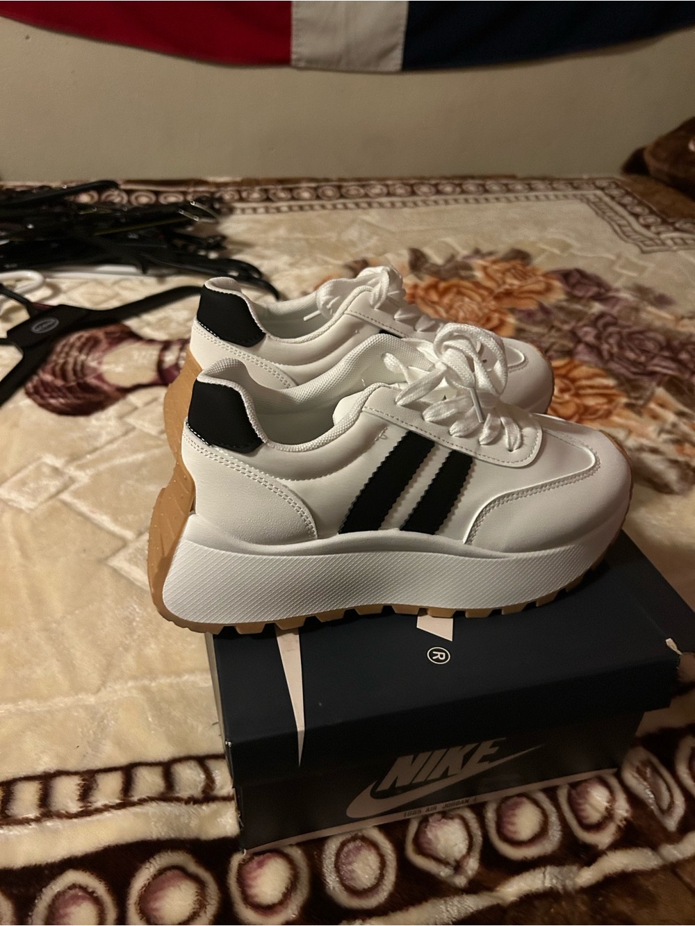 White Sneakers with Black Stripes - Women's Athletic Casual Shoes - Picture 5 of 5